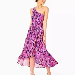 NWOT Lilly Pulitzer Monico One Shoulder Midi Dress Low Tide Navy Pink Small